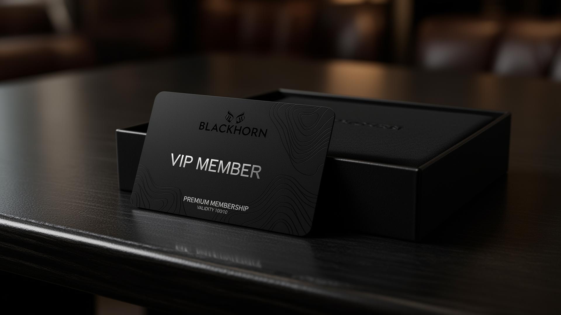 Blackhorn VIP card next to a matte black presentation box in a private lounge