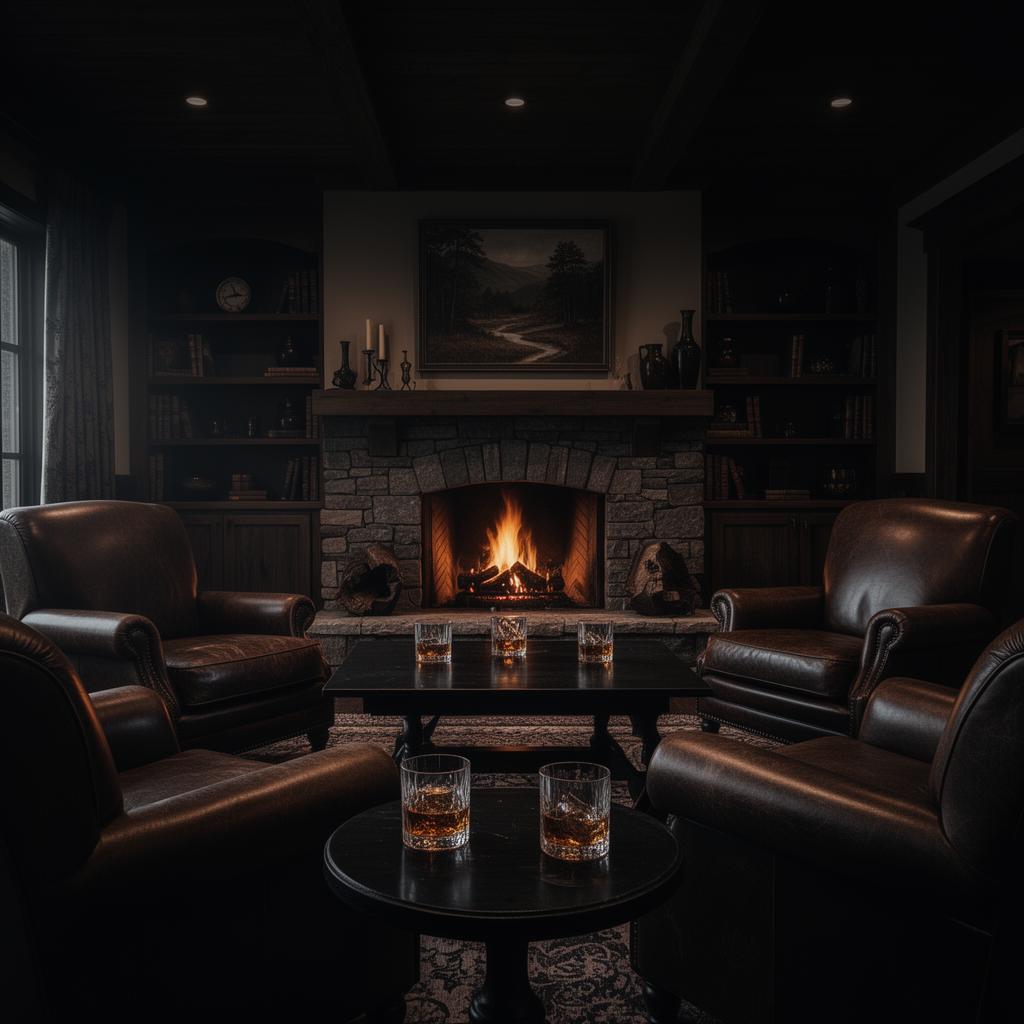 Private members lounge with fireplace and whiskey